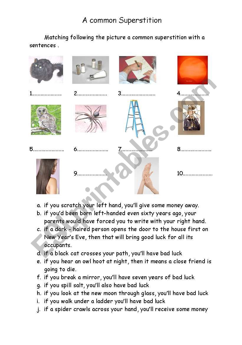 a comman superstition worksheet