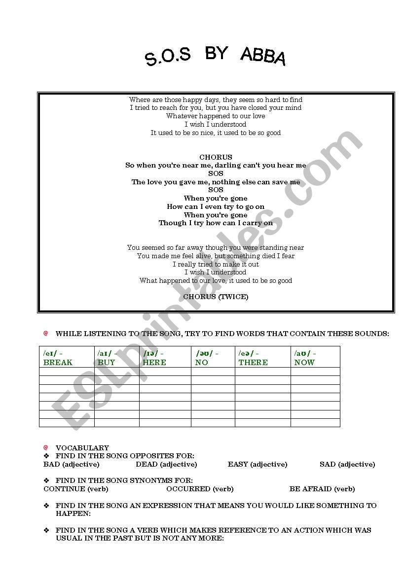 SONG: S.O.S  by ABBA worksheet