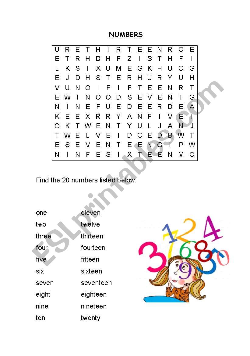 Numbers wordsearch worksheet