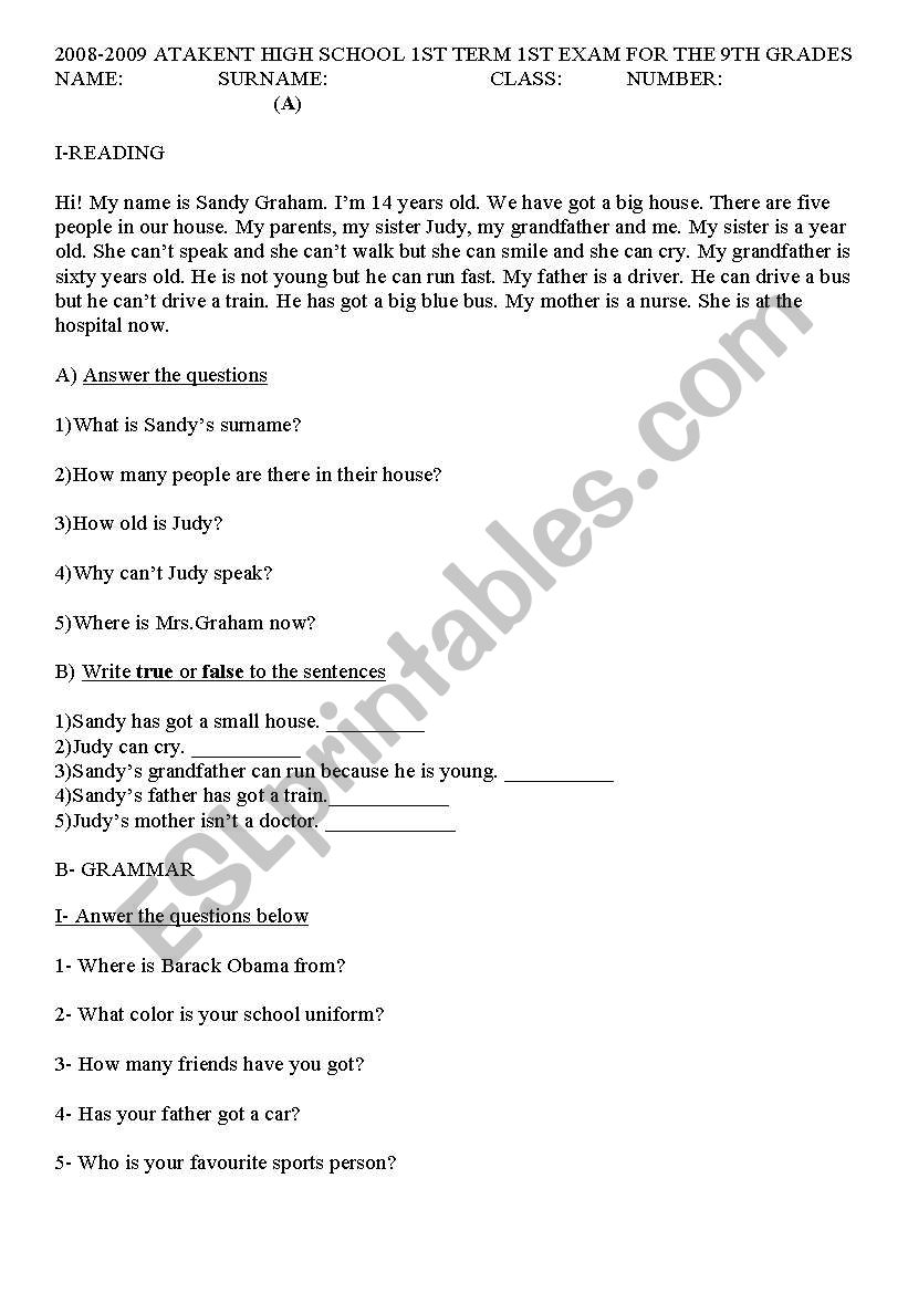 simple exam worksheet