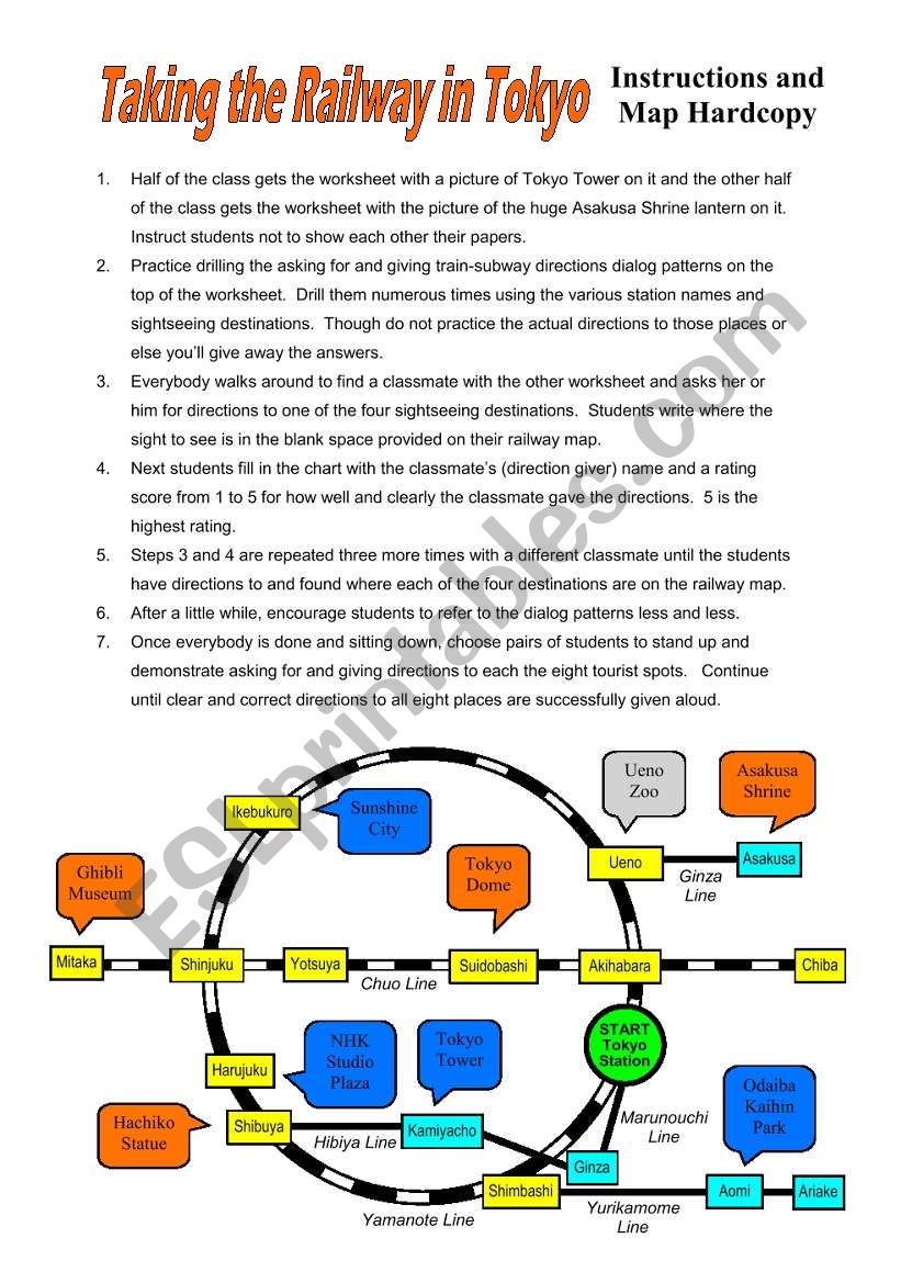 Hardcopy of Instructions and Completed Map for Taking the Railway in Tokyo Activity Sheets