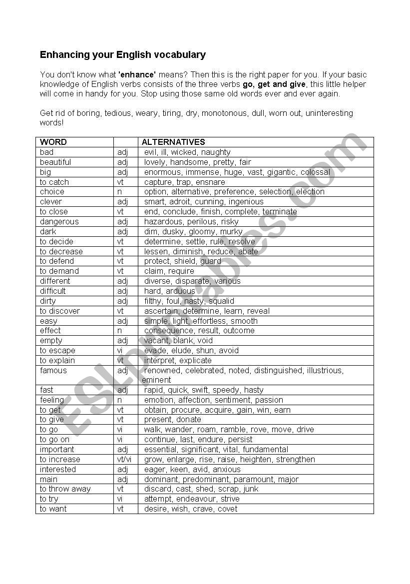 Enhancing your vocabulary worksheet