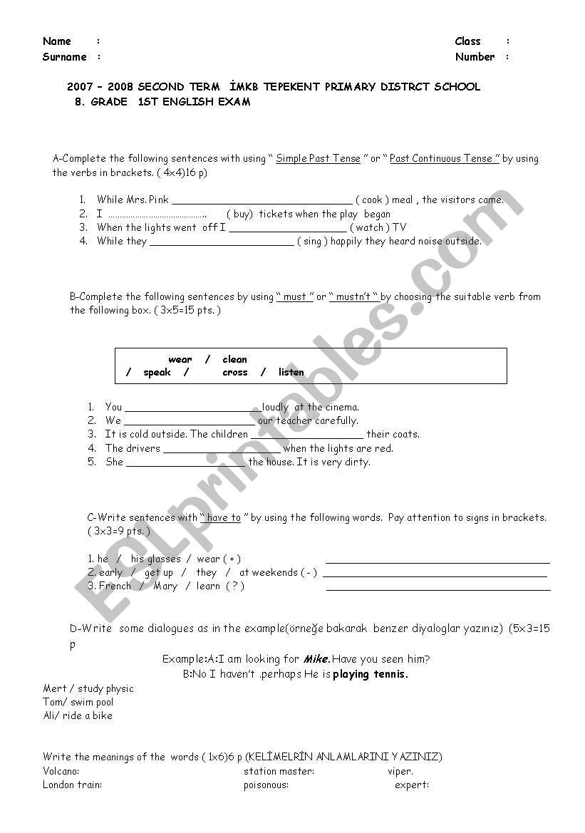 exam for 8. grade worksheet