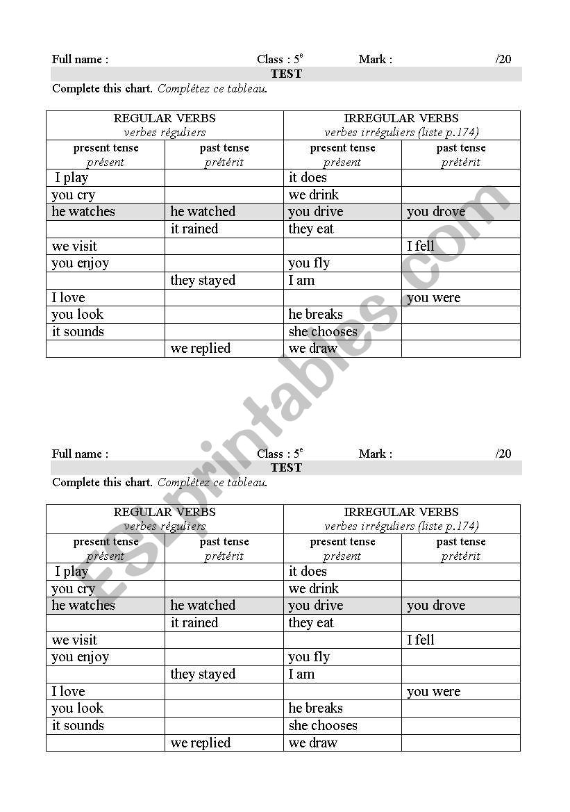 present and past tenses verbs test