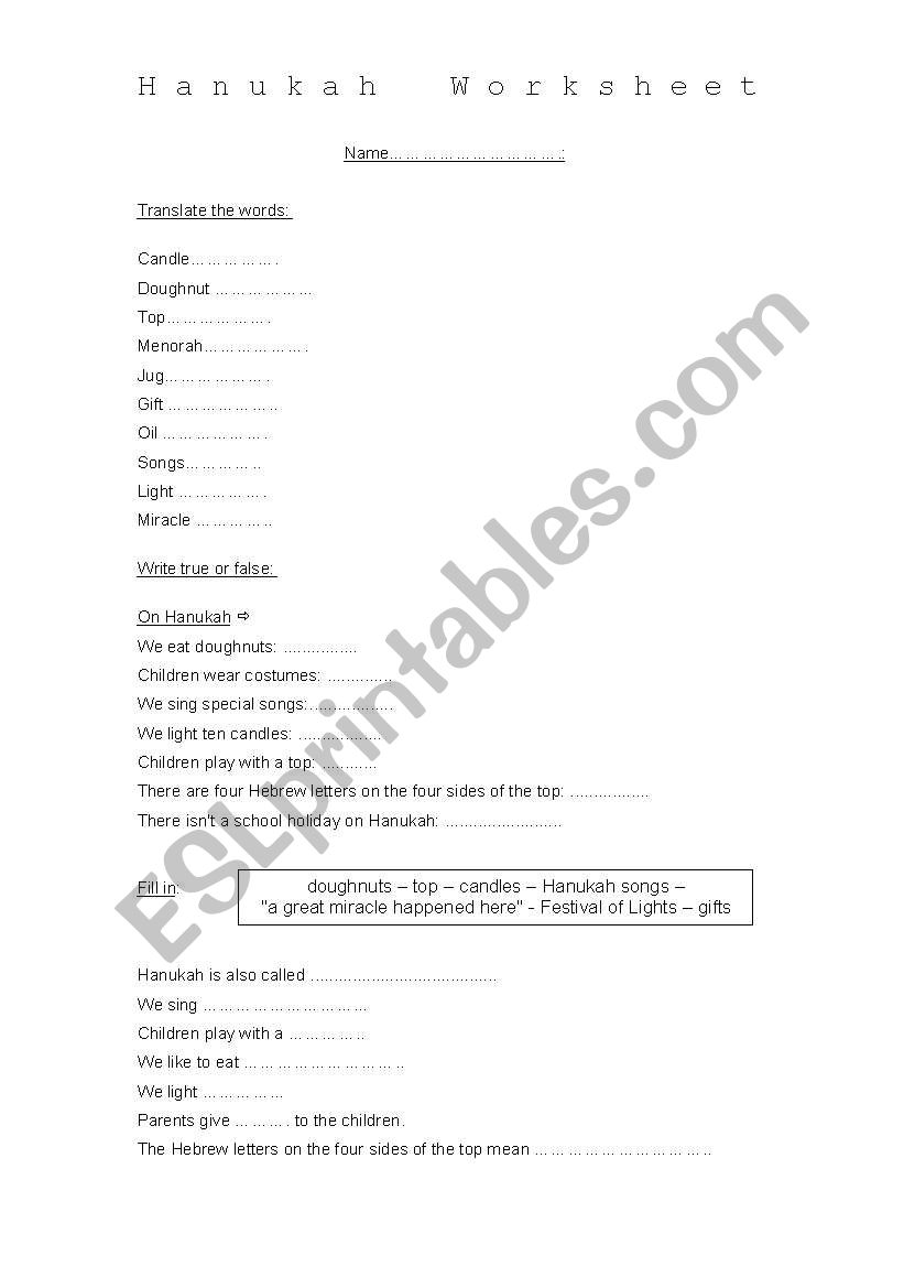 hanukkah worksheet  worksheet