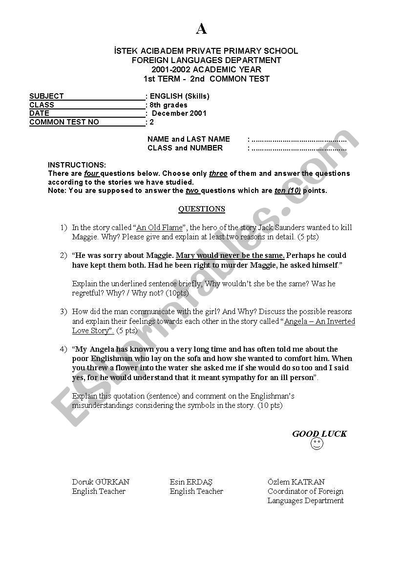 exam grade 8 worksheet