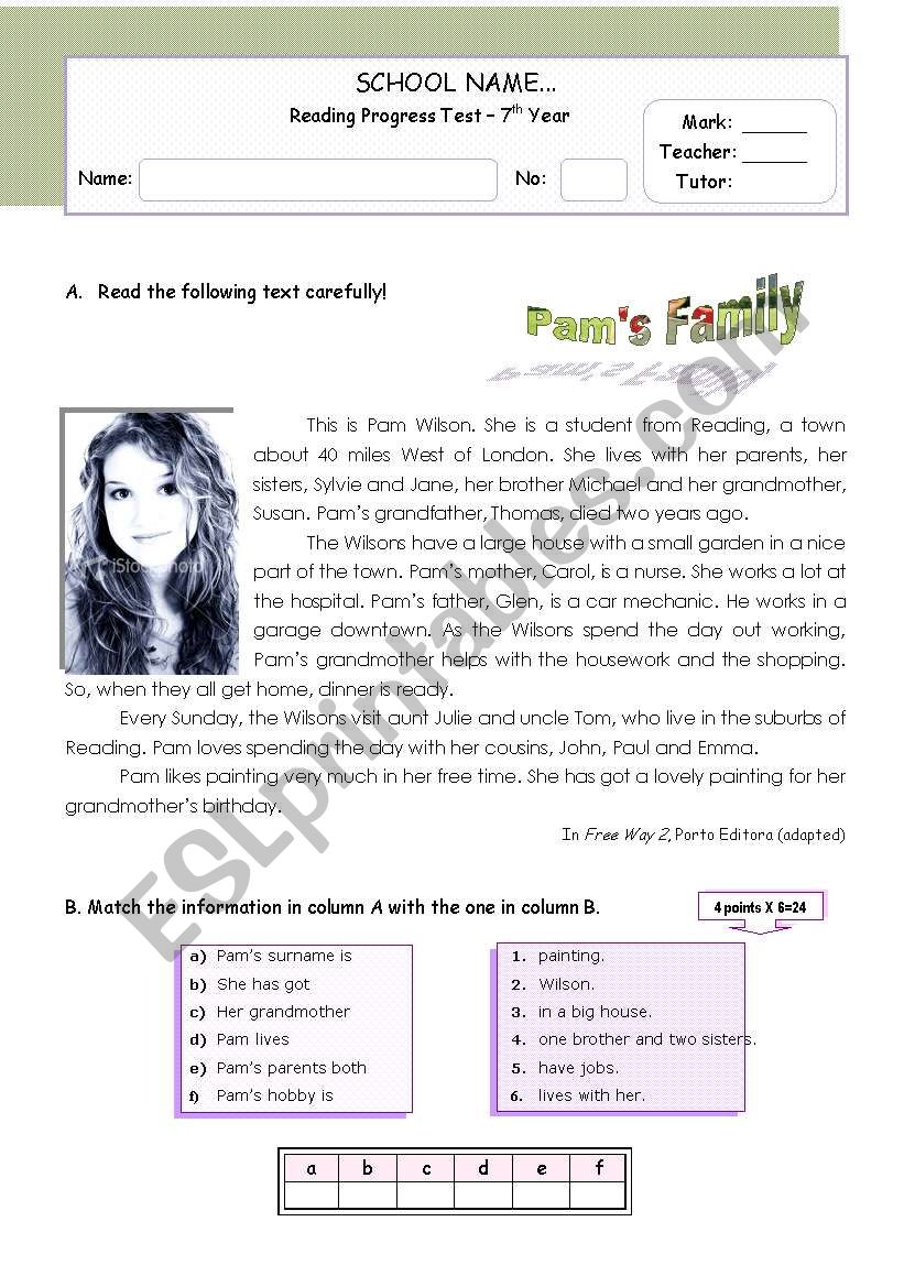 PamÂ´s family - reading comprehension for Upper Elementary / Lower Intermediate Students