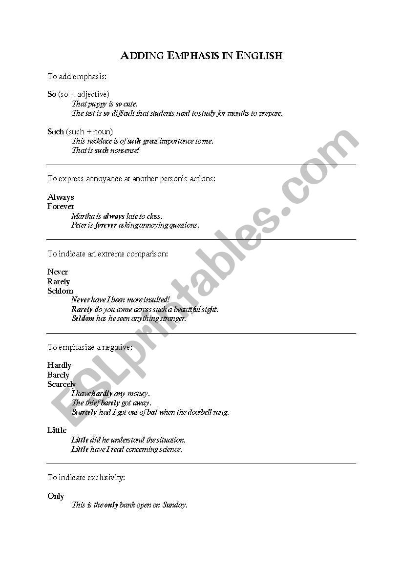 Adding Emphasis in English worksheet