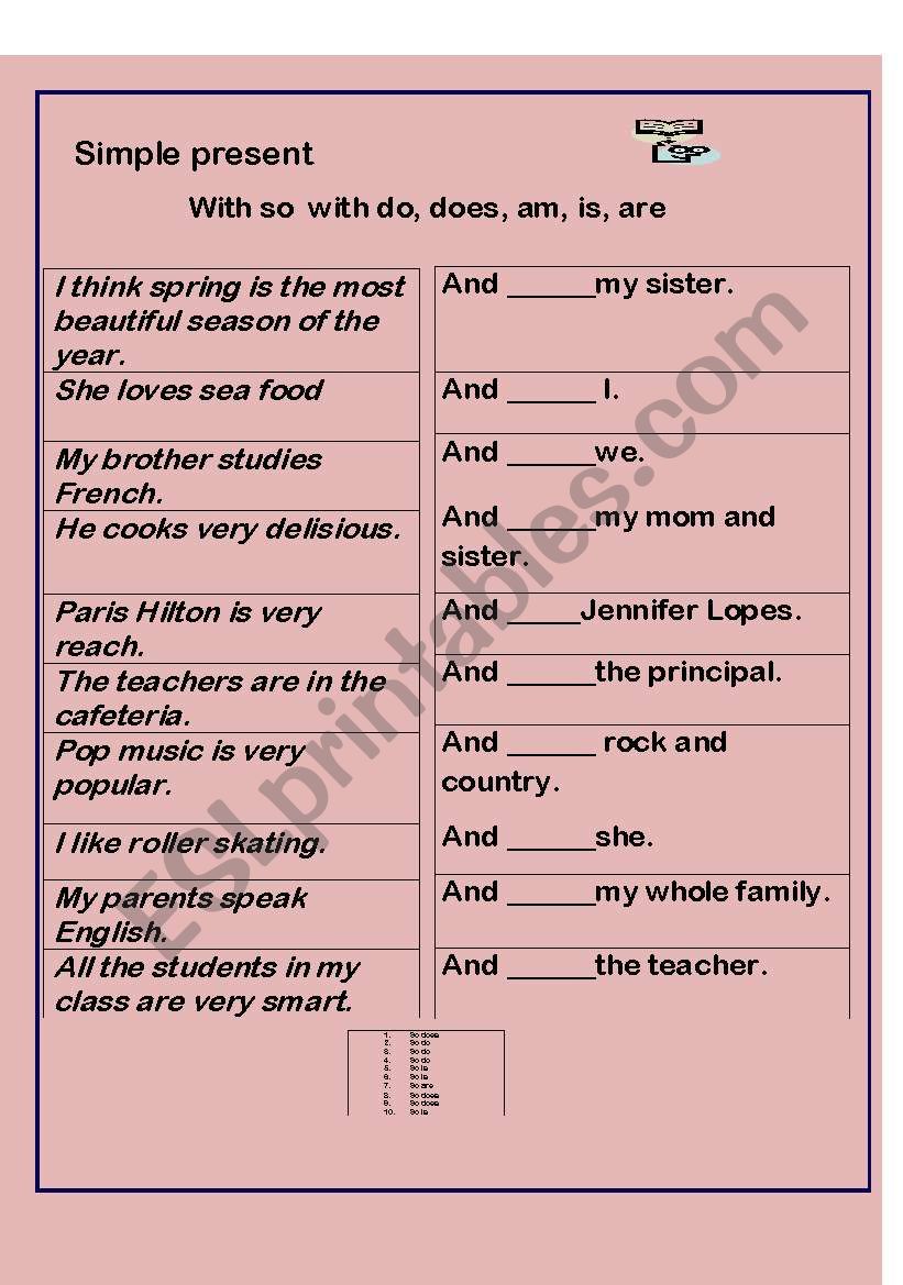 SO with DO, DOES AND BE worksheet