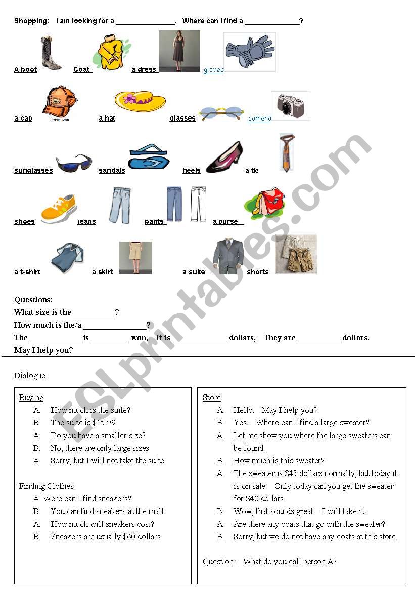 Shopping worksheet