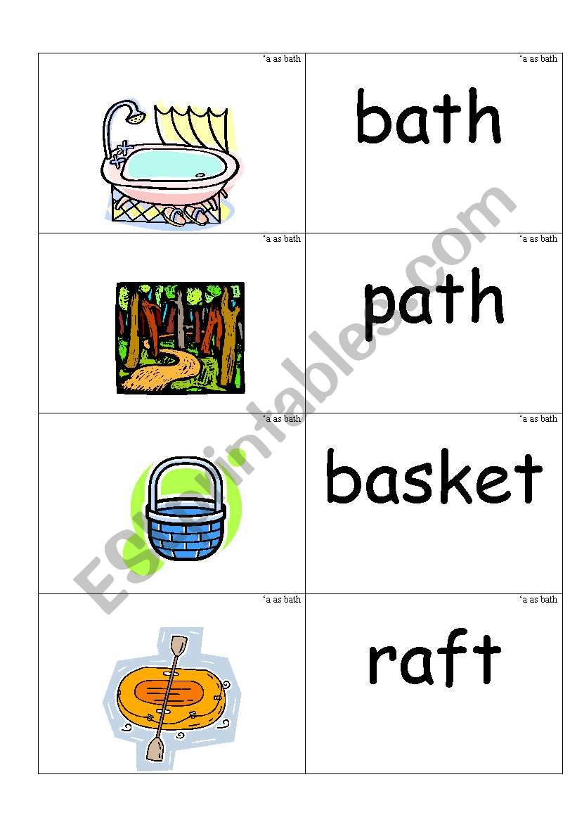 word /pictures cards containing a as in bath phonics