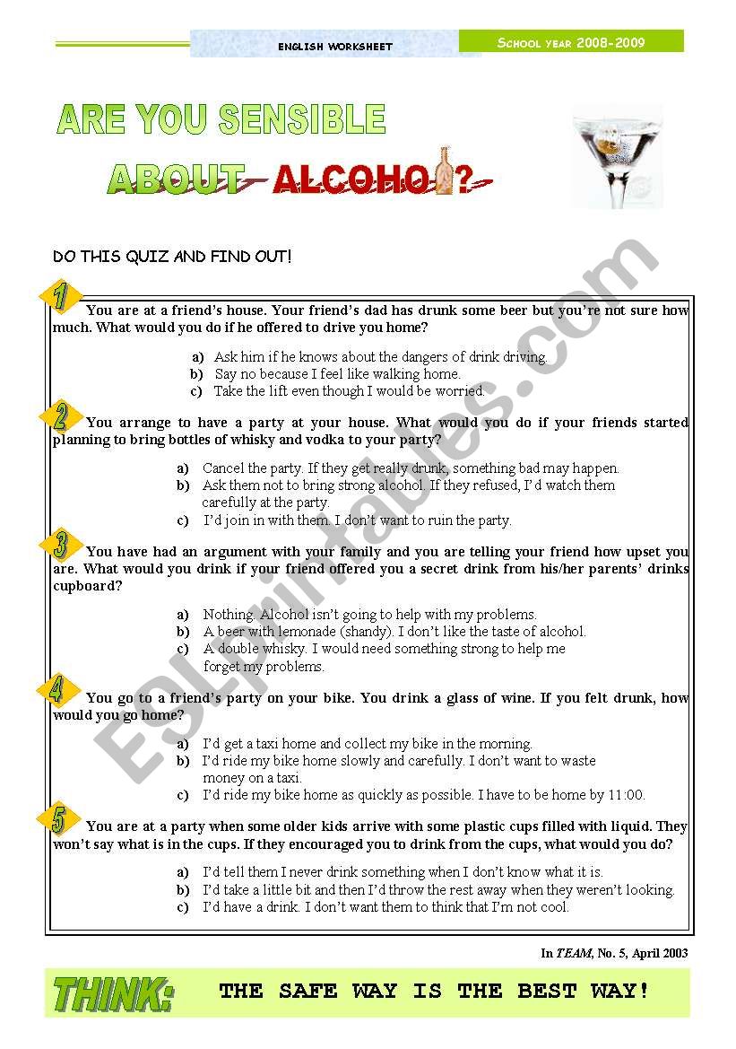 Are you sensible about alcohol?  - Quiz as a pre-reading activity for the text American Teens and alcohol