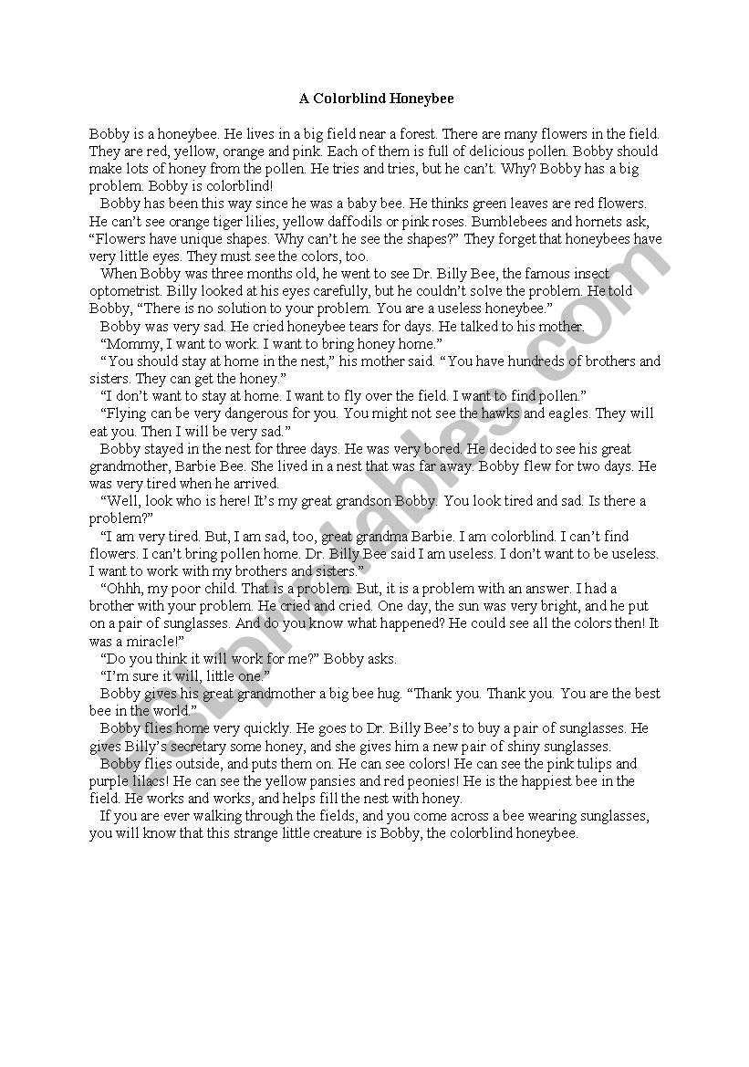 A colorblind Honeybee worksheet