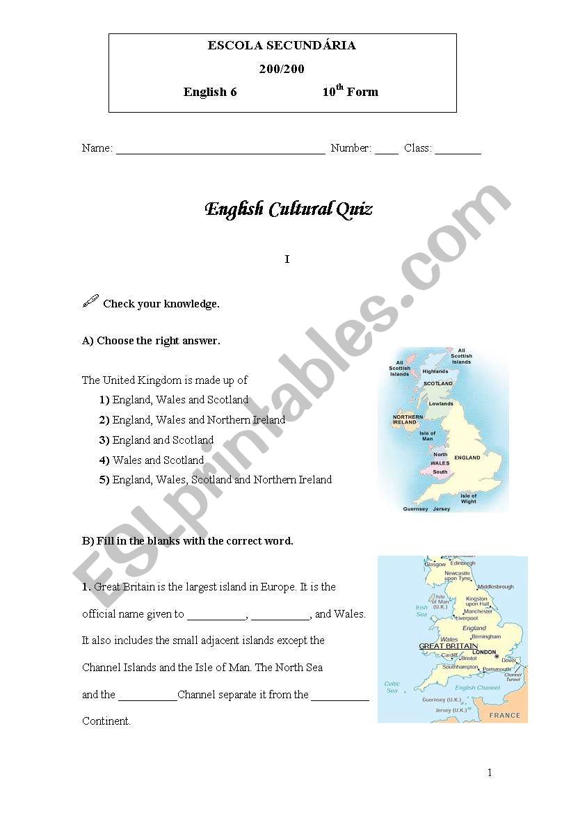 English Cultural Quiz worksheet