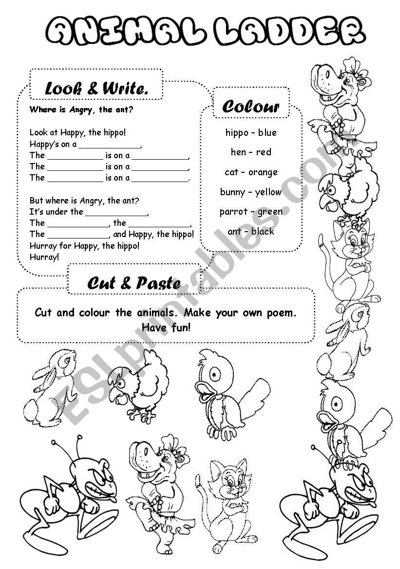 Animal ladder (B&W) worksheet