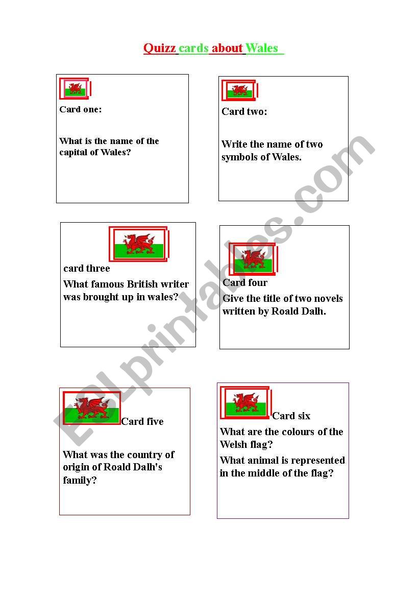 quizz cards about Wales worksheet