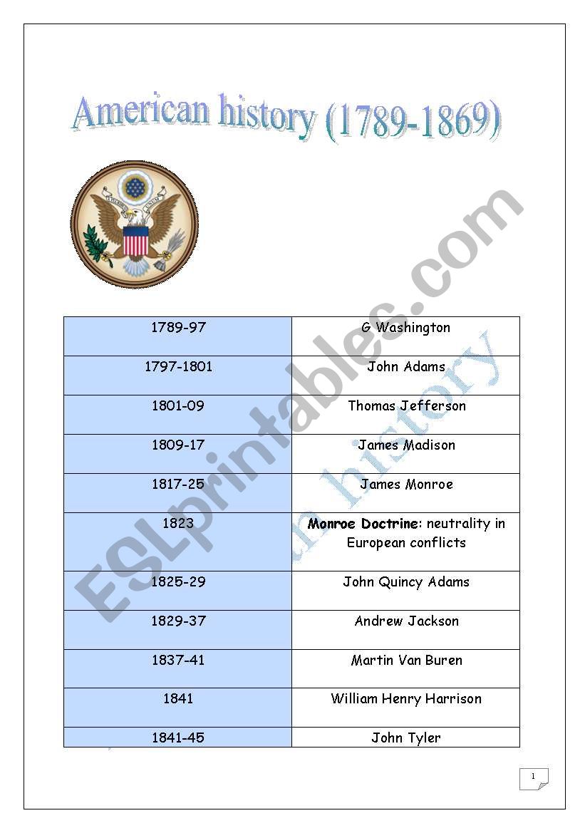 American history (1789-1869) worksheet