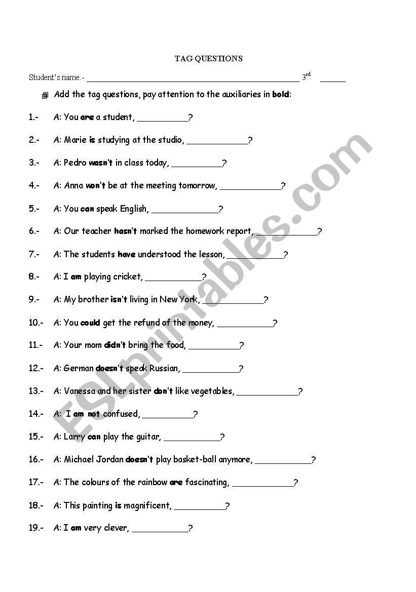 TAG QUESTIONS worksheet