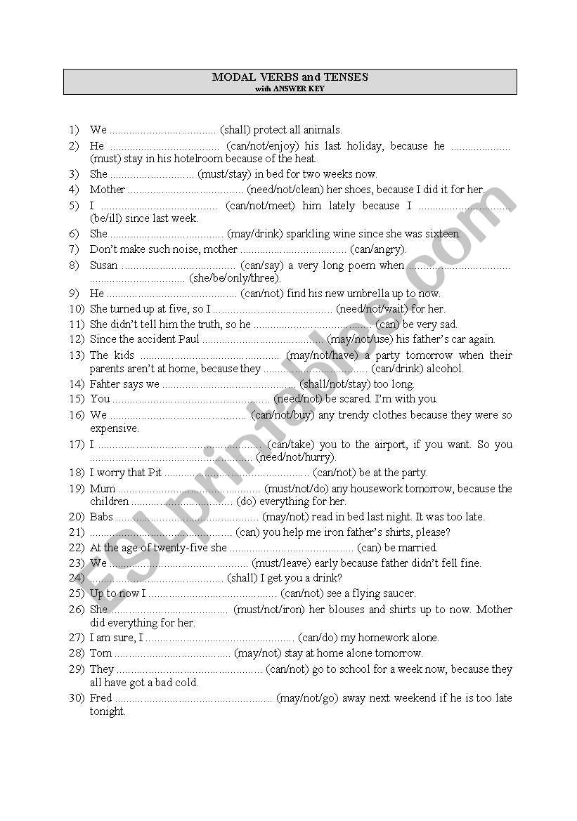 Modal verbs and tenses worksheet