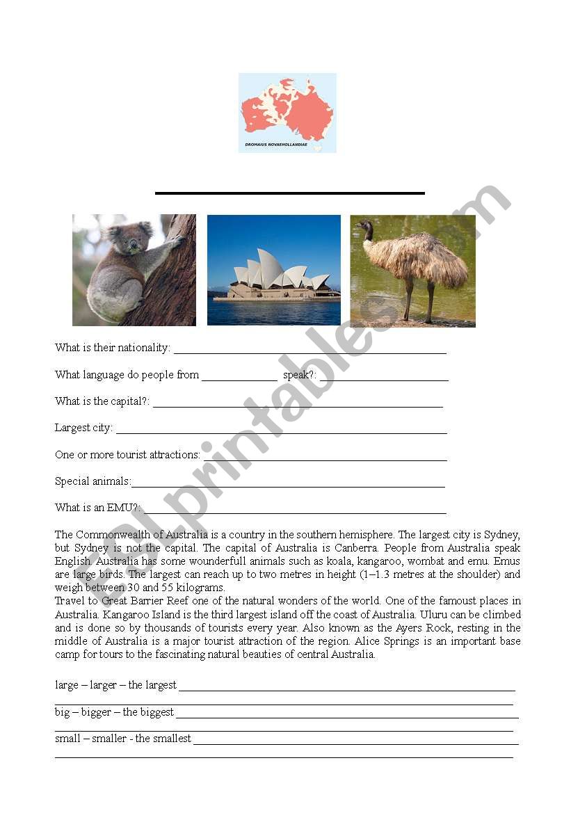 Australia - story & questions worksheet