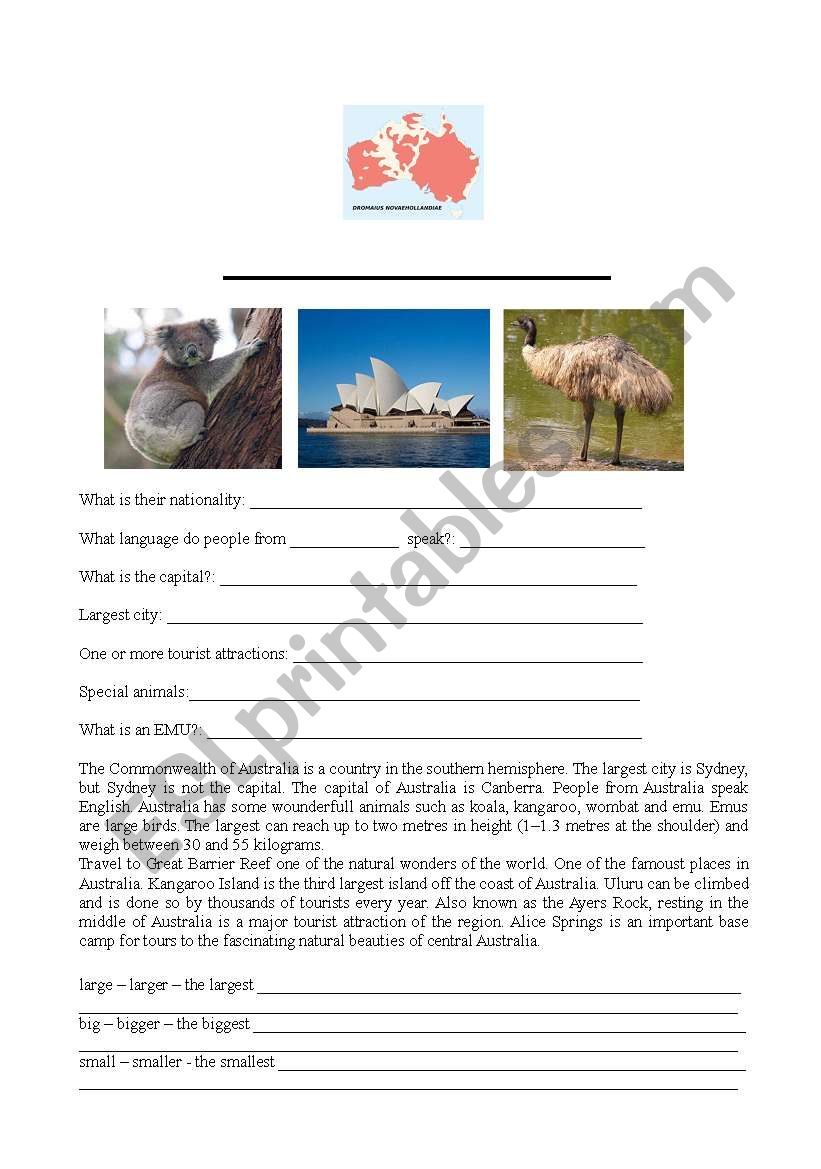 Australia - story & questions worksheet