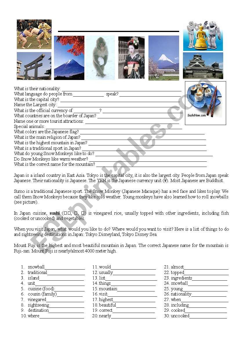 Japan - story & questions worksheet