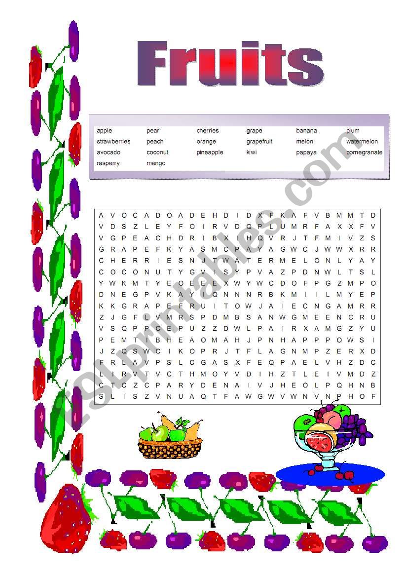 Fruits - wordsearch - Answers are provided
