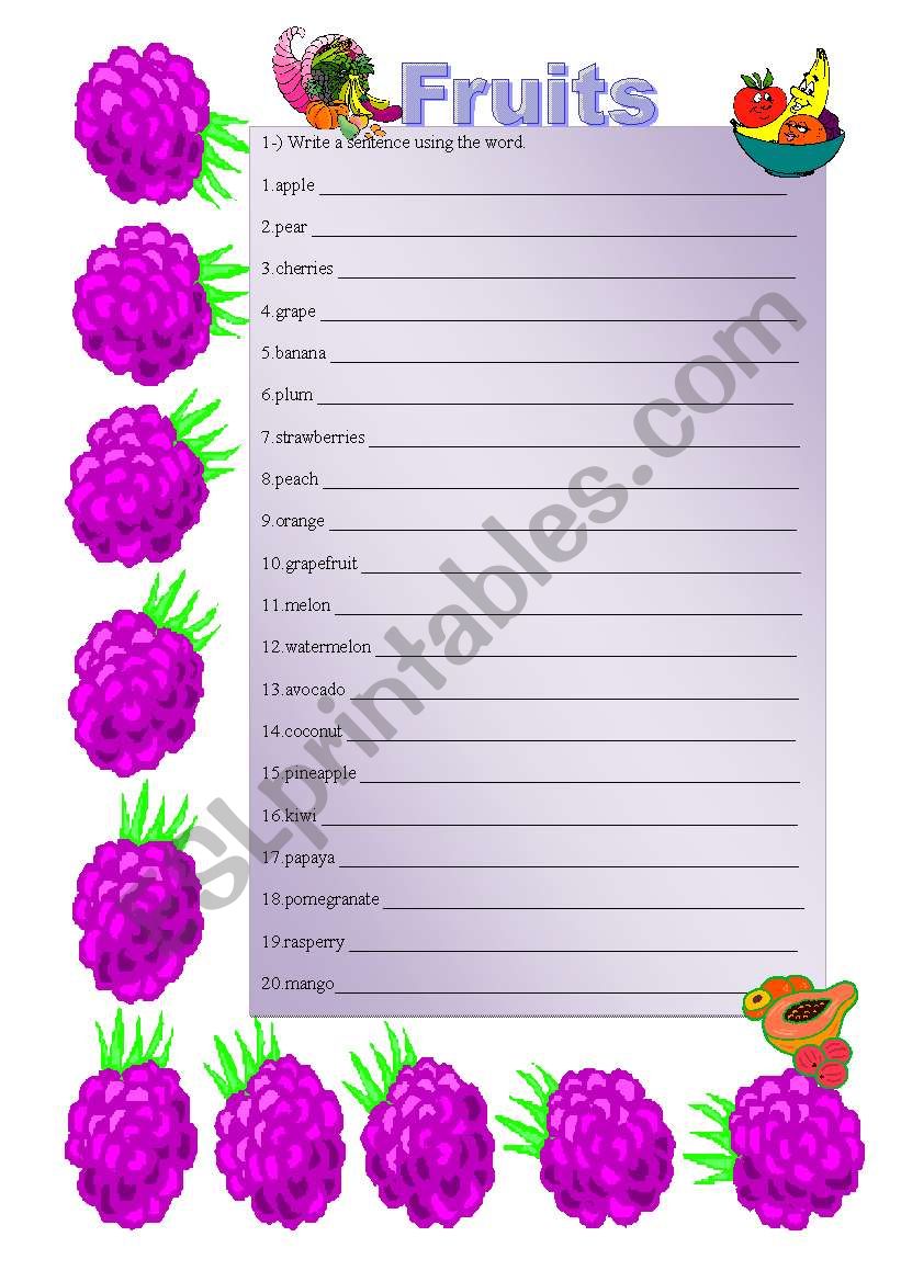 Fruits - Write sentences worksheet