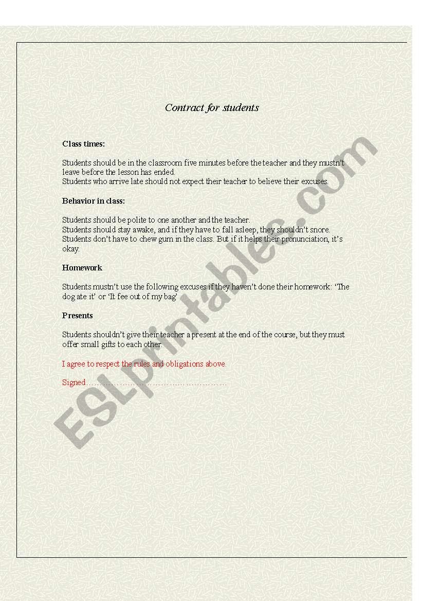 Contract for students  worksheet