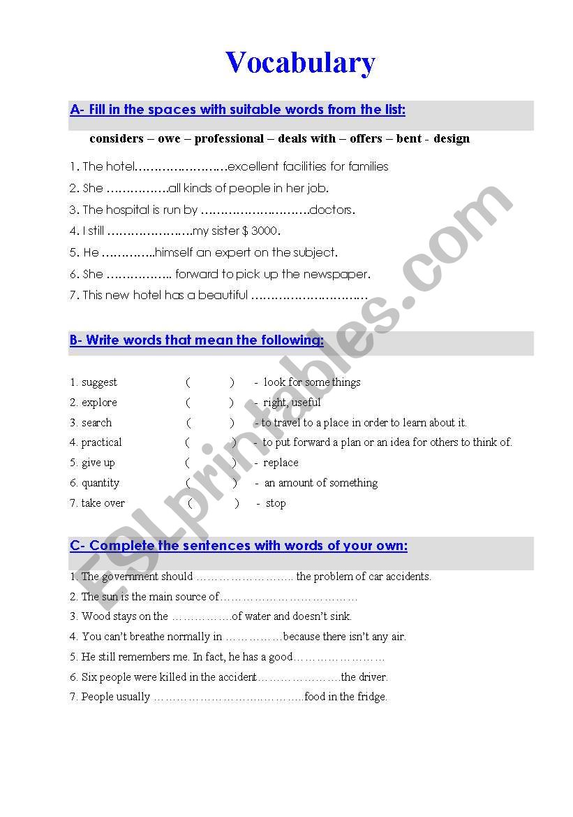 Vocabulary worksheet