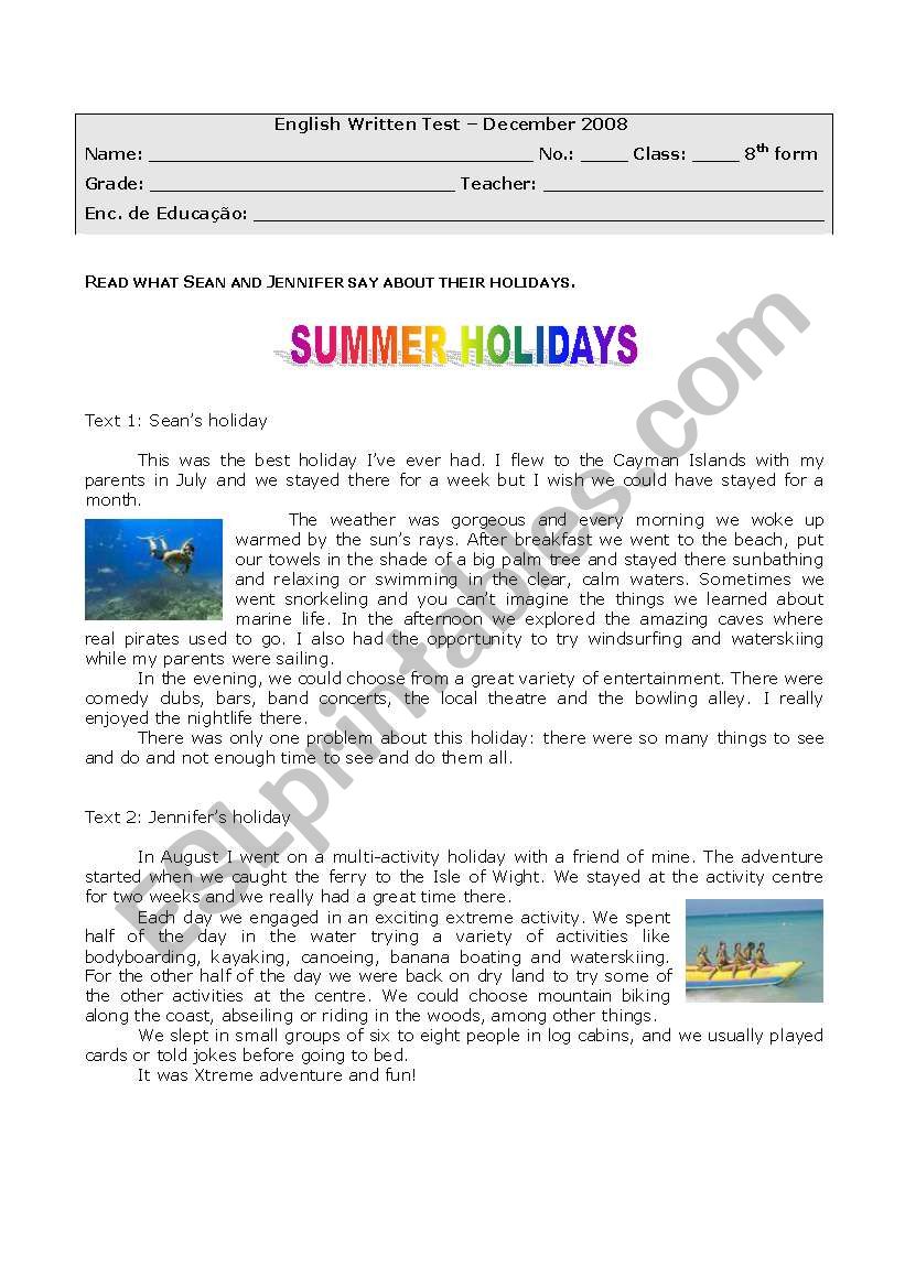 summer holidays worksheet