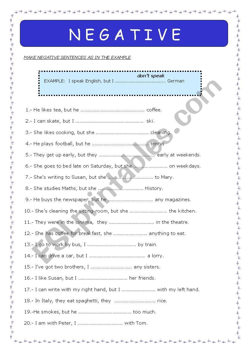 Negative sentences worksheet