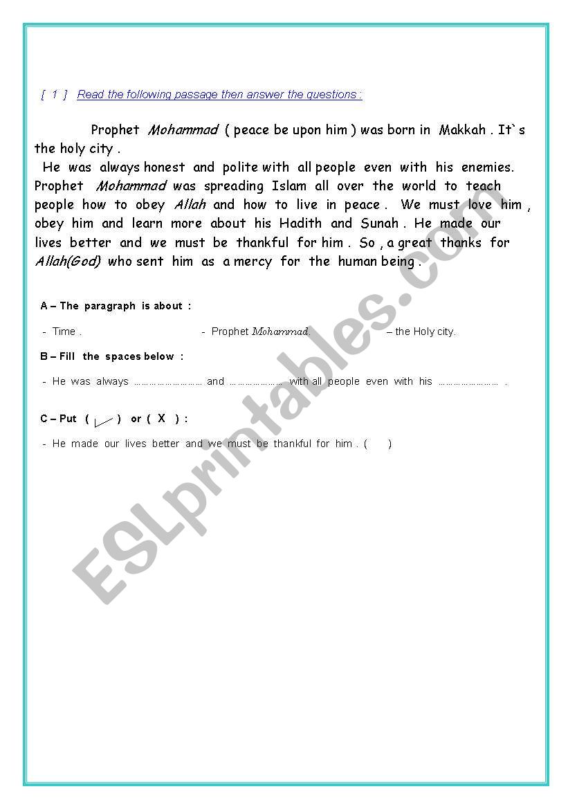 comprehension ( passage) worksheet