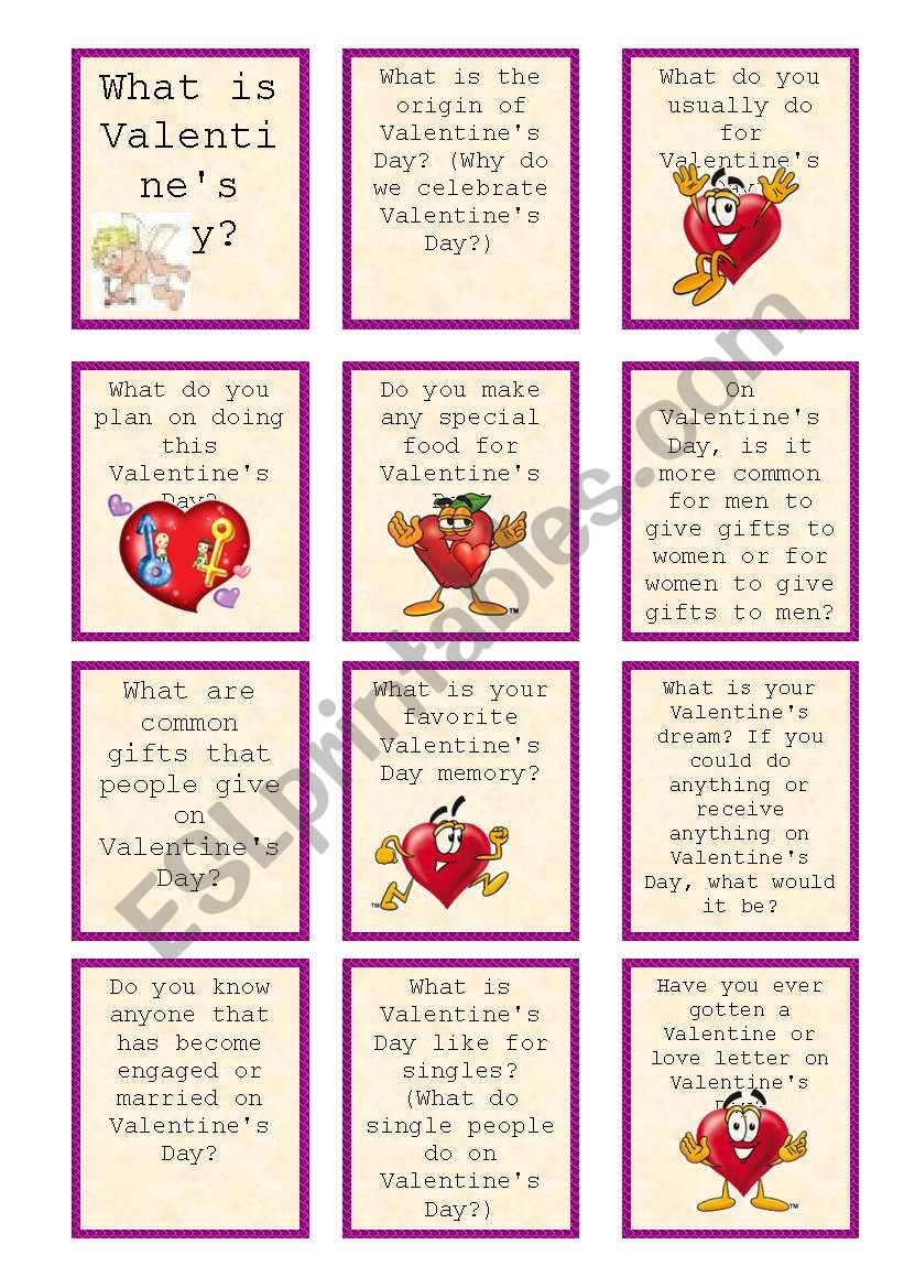 Valentines day questions. St Valentines Board game. St Valentine's Day speaking Cards. Valentine Card Worksheet.