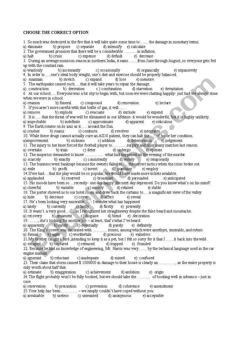 advanced vocabulary test worksheet