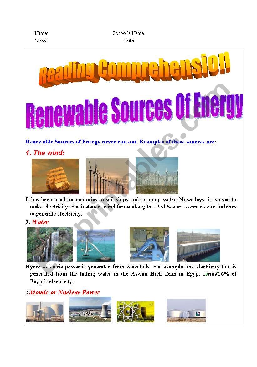 Reading Passage about Renewable sources of energy - ESL worksheet For Renewable And Nonrenewable Resources Worksheet