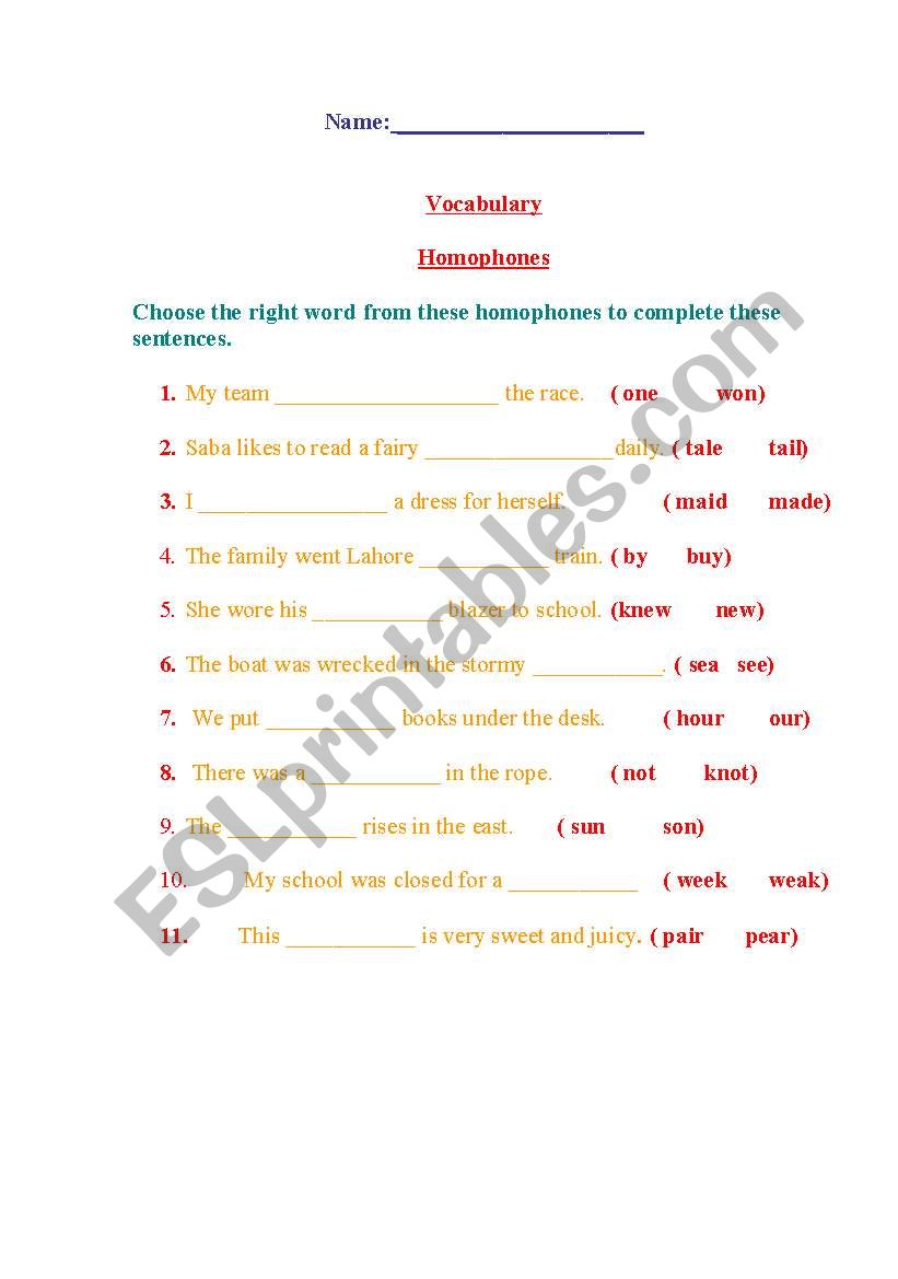 homophones worksheet