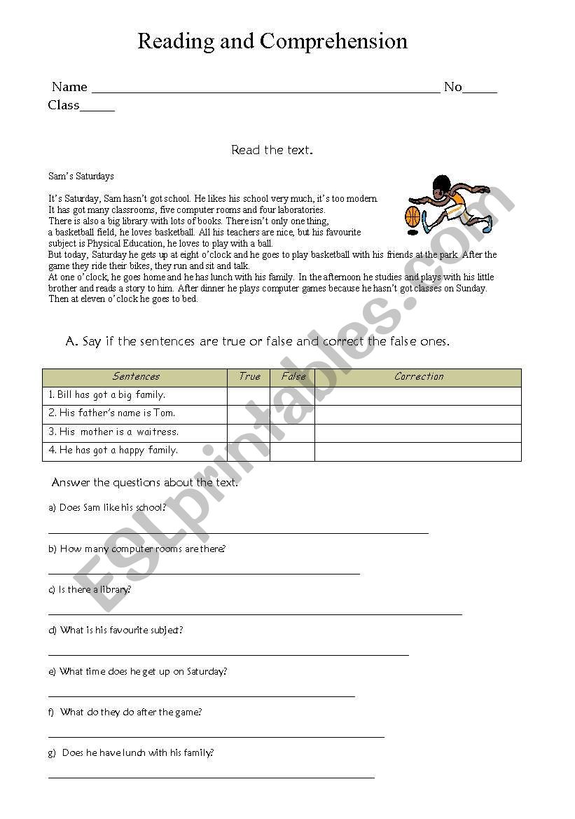 Reading and comprehension worksheet