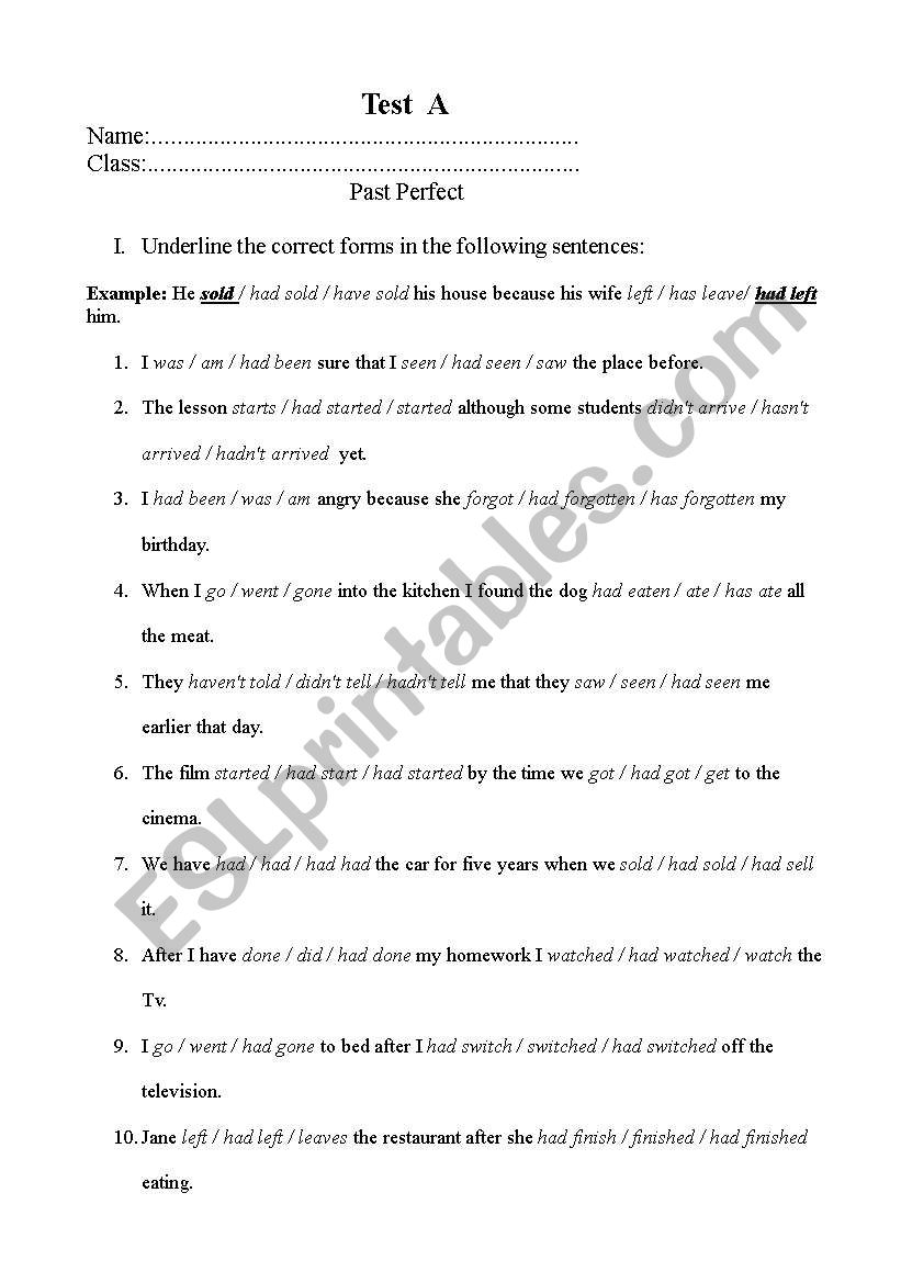 past perfect worksheet
