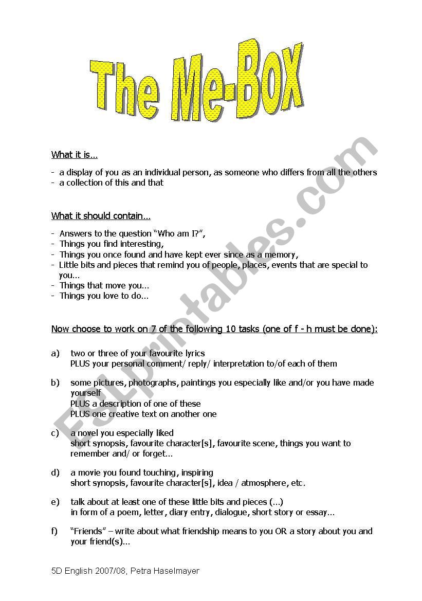 Me-Box worksheet