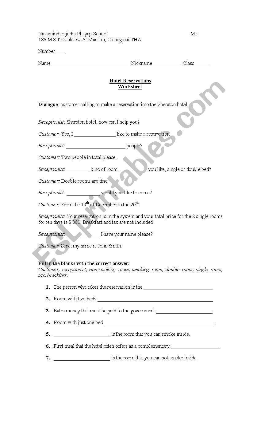 Hotel Reservations worksheet