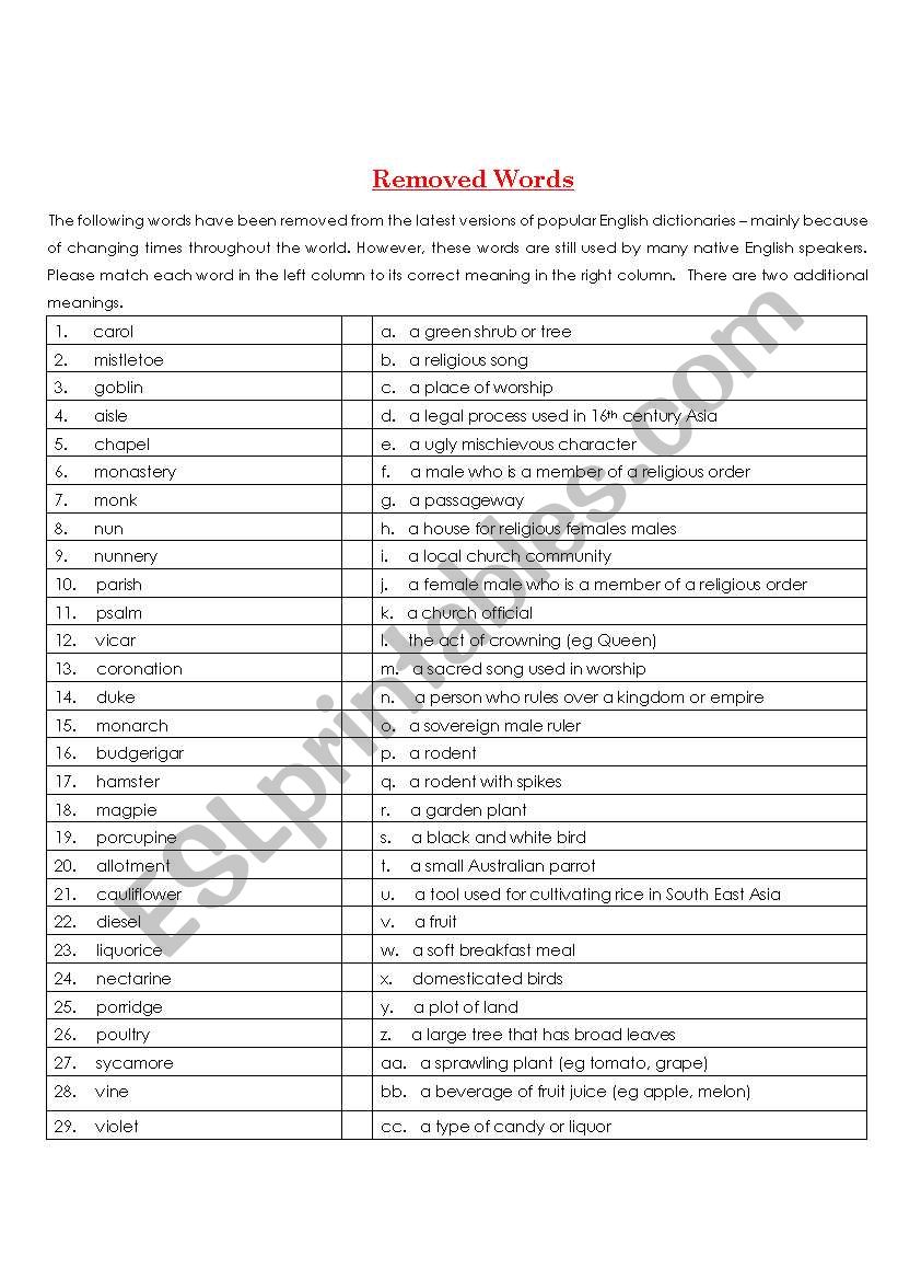 Removed Words worksheet