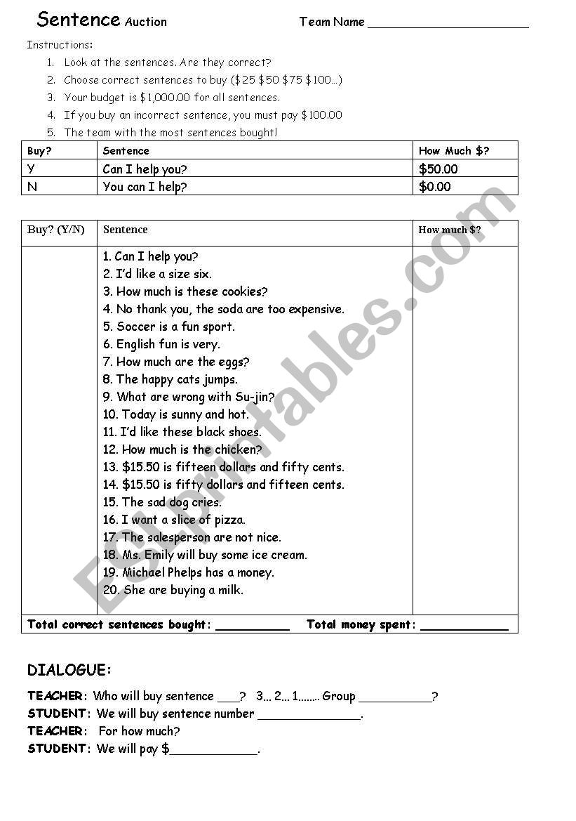 Sentence Auction worksheet