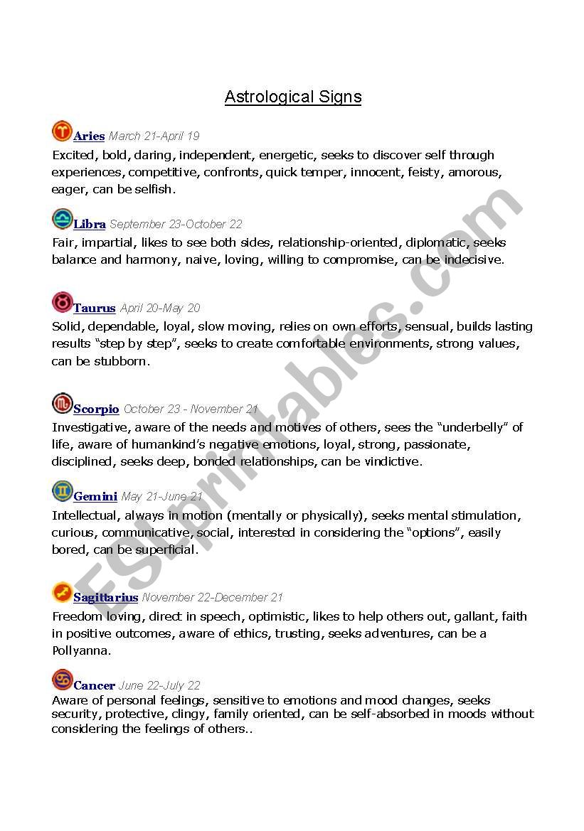 Astrology Discussion Starter worksheet