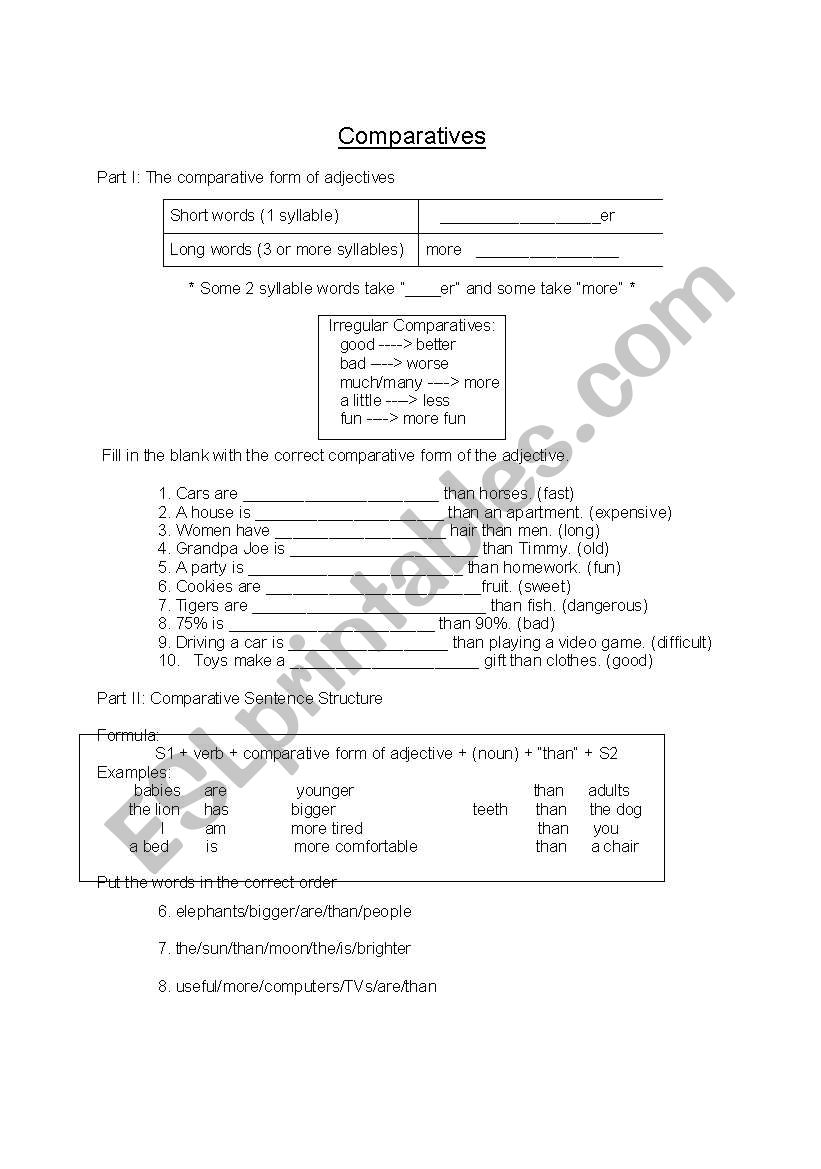 Comparatives Reference and Practice Sheet