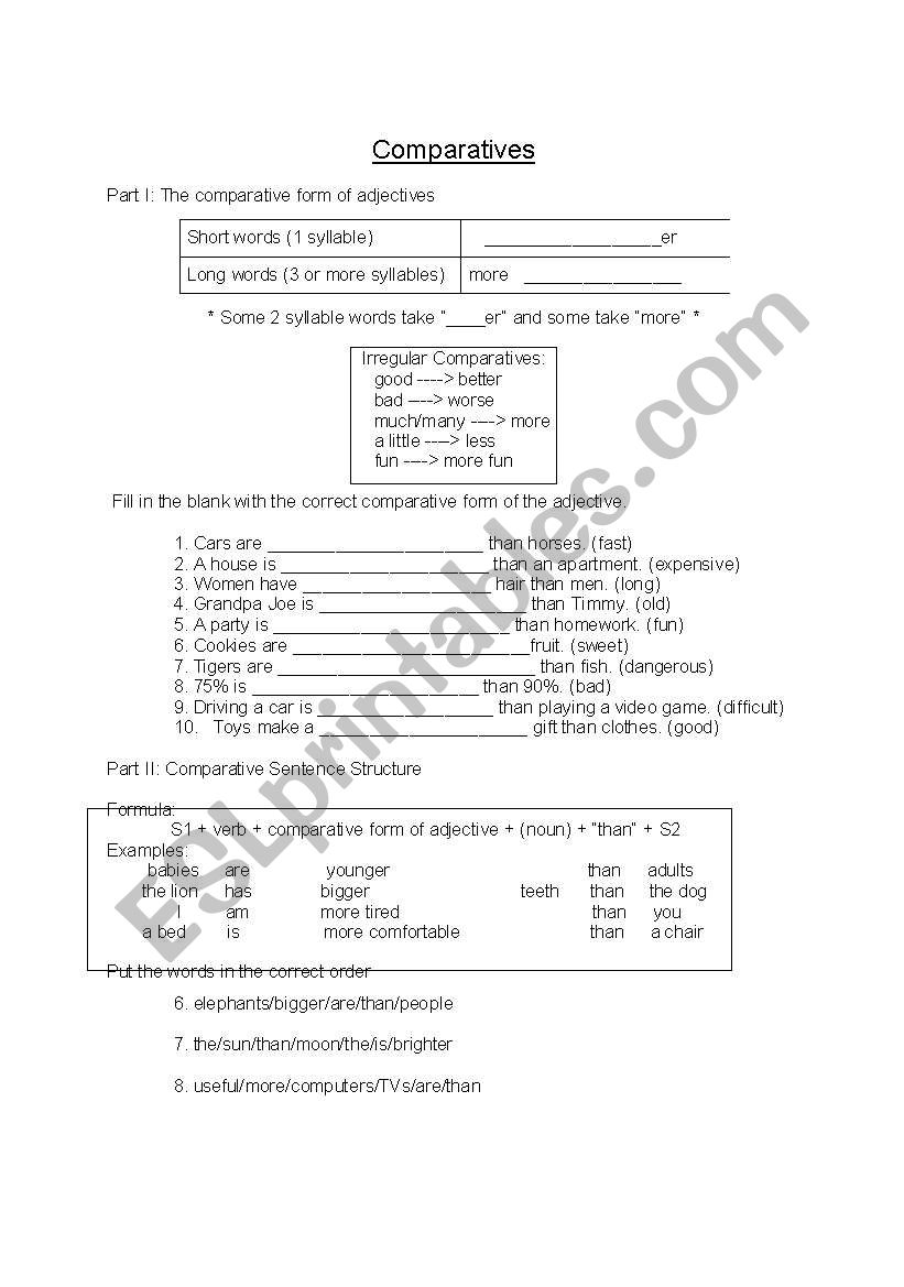 Comparatives Reference and Practice Sheet