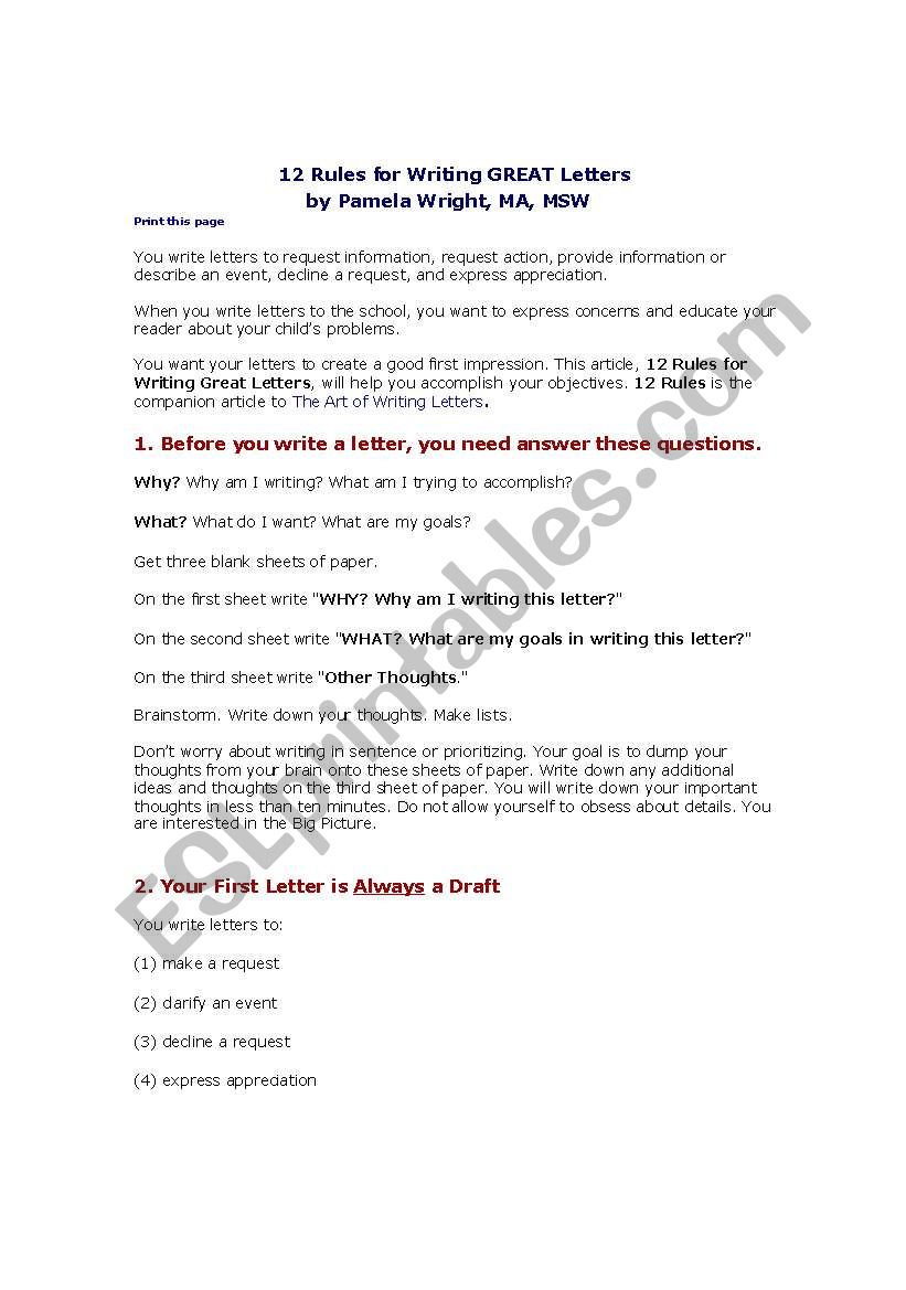 Letter writing tips worksheet