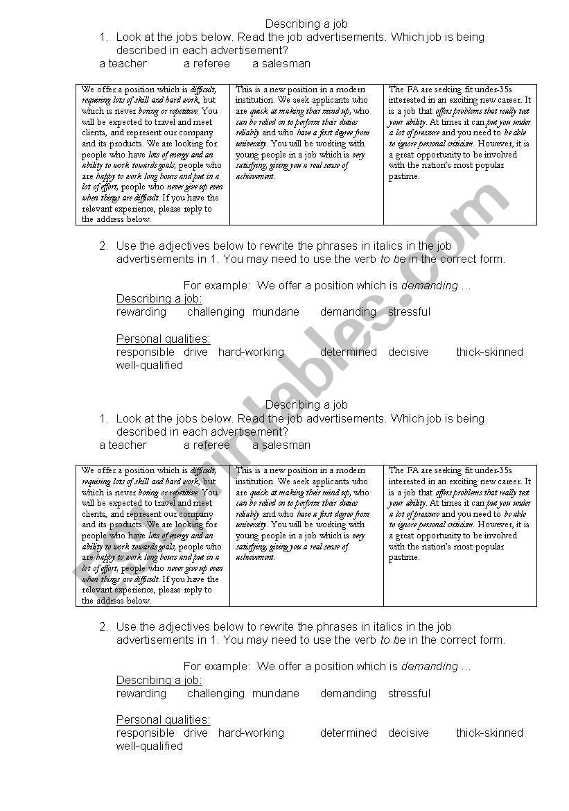 Describing a job worksheet