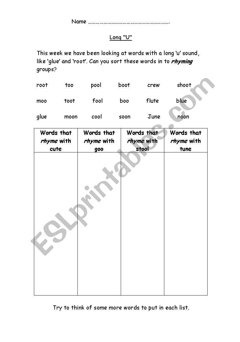 Long U worksheet