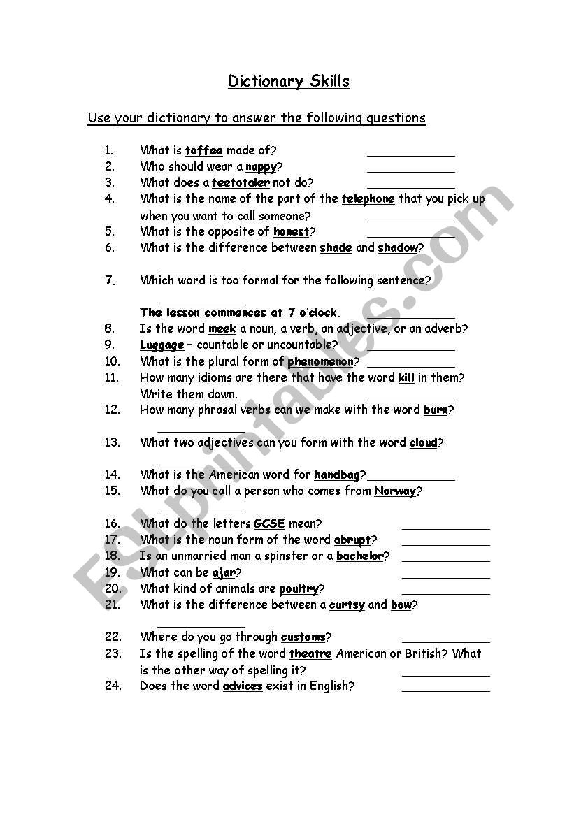 Dictionary Skills worksheet